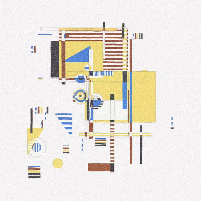 An abstract geometric composition featuring blue, yellow, red, and brown shapes arranged in a structured, Bauhaus-inspired layout.