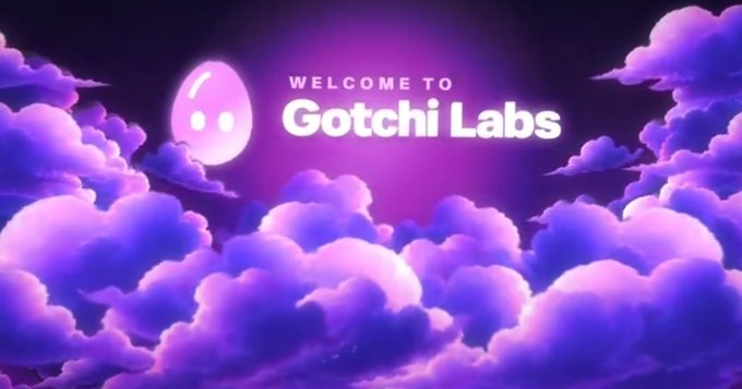 Welcome graphic for Gotchi Labs displayed against purple clouds with a smiling ghost-like logo.