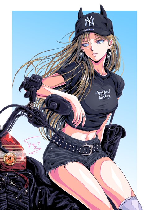 An anime illustration of a woman wearing a black 'New York Yankees' cap and t-shirt, sitting on a motorcycle.