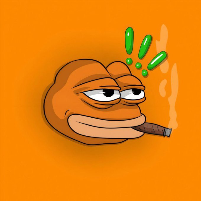 Cartoon illustration of Pepe the Frog smoking a cigar with a bored expression, with green exclamation marks above him on an orange background.