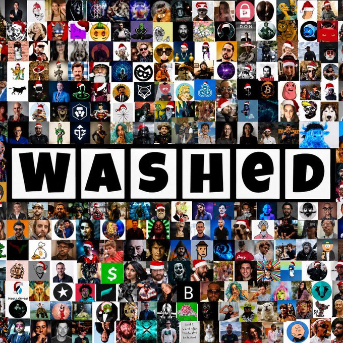 A collage of numerous meme images and profile pictures surrounds the bold black-and-white "WASHED" text in the center, serving as a visual response to the post calling someone "$washed" with the contract address "4cCyEZoBVPepCK3MUR1PahCgehF9n9dUDHPJenW4pump." The dense grid of miscellaneous avatars and memes amplifies the dismissive, ironic tone of the original crypto post.