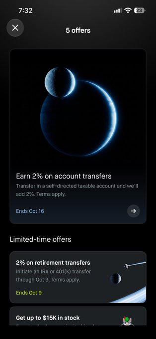 A mobile app screen from 7:32 displaying '5 offers' with promotional text including 'Earn 2% on account transfers' (Ends Oct 16) and '2% on retirement transfers' (Ends Oct 9).