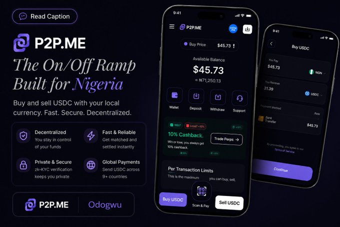 A promotional image for P2P.ME, "The On/Off Ramp Built for Nigeria," showcasing their mobile app interface where users can buy and sell USDC (displaying a balance of $45.73, equivalent to ₦71,250.13). The image highlights features like decentralization, ZK-KYC privacy, and 10% cashback offers, visually supporting the post about common P2P trading frustrations in Nigeria that the platform aims to solve.