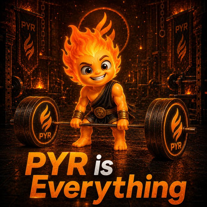 A cartoon-style promotional image shows a fiery-haired muscular character lifting a barbell with weights marked 'PYR', with the bold text 'PYR is Everything' displayed below.