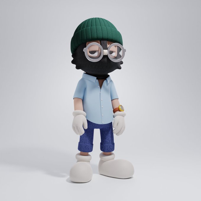 A collectible figurine of a character wearing a green knit beanie, round glasses, a light blue short-sleeve button-down, blue pants, white oversized shoes, and a wristwatch.
