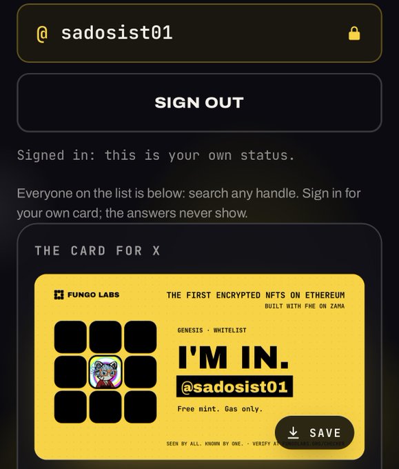 A digital wallet interface for Fungo Labs shows a user logged in as 'sadosist01' with a yellow card stating 'I'M IN' for encrypted NFTs on Ethereum.