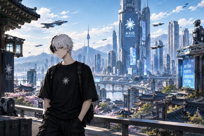 An anime-style illustration of a white-haired character wearing a black 'AXIS ROBOTICS' t-shirt, set against a futuristic cyberpunk cityscape featuring the AXIS logo on skyscrapers and 'BETTER ROBOTS, A BRIGHTER FUTURE' billboard.