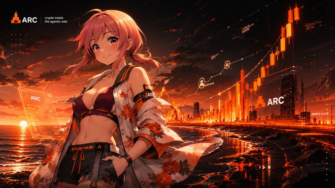 The image features a woman with pink hair, wearing a white top and red skirt, standing against an orange background that resembles a sunset over a city skyline. The woman appears to be posing for the photo while holding her hand out towards the camera. In the background, there are buildings of varying sizes, suggesting an urban setting. The image also contains text that reads "arc terminal verifiable receipts @TheARCTERMINAL like the lawyer document example you can prove an action happened and it followed your rules but no one not even the system can see the actual prompt context or data verifiable accountability without surveillance this". This could be a reference to the Arc Terminal, which is a digital platform used for verifying transactions in the cryptocurrency world.