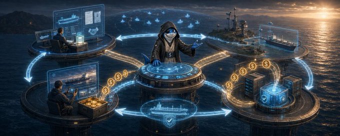 A digital illustration depicting a hooded figure controlling a global network of cryptocurrency, data servers, and shipping operations connected by glowing pathways across the ocean.