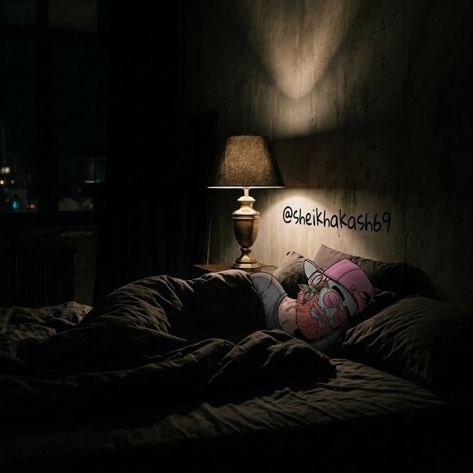 A digital illustration shows a pink cartoon character wearing sunglasses and a cap, sleeping in a dark bed illuminated by a warm bedside lamp, with the text '@sheikhakash69' on the wall.