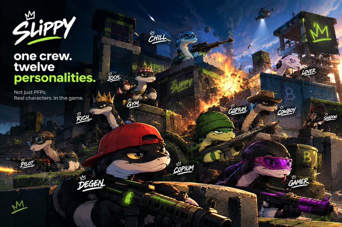 Promotional artwork for 'Slippy' game featuring various turtle-like character avatars with labels like 'RICH', 'CHILL', 'LOVER', 'GYM', 'COWBOY', 'COPUM', 'SHADOW', 'GAMER', 'DEGEN', and 'PILOT' with the text 'one crew. twelve personalities.'