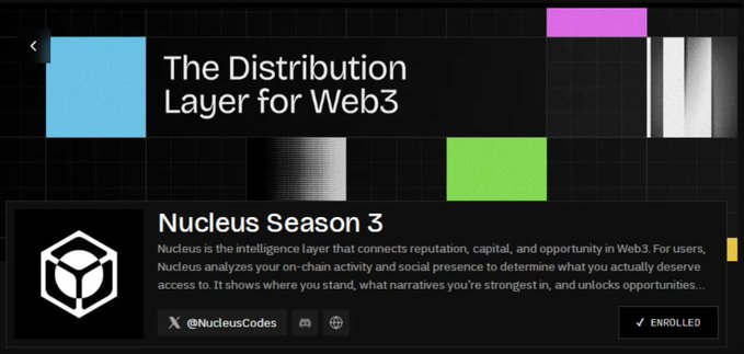 A promotional graphic with the text 'The Distribution Layer for Web3' and 'Nucleus Season 3', describing Nucleus as an intelligence layer for reputation and capital in Web3, with an '@NucleusCodes' handle and an 'ENROLLED' button.