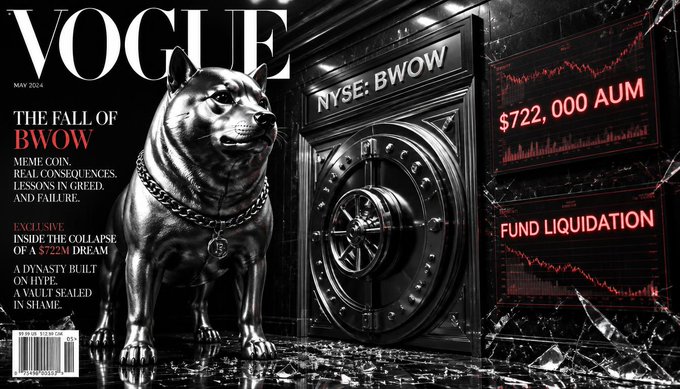 A satirical Vogue magazine cover from May 2026 titled 'THE FALL OF BWOW' featuring a silver pitbull statue and headlines about meme coin failures, '$722,000 AUM', and 'FUND LIQUIDATION', with NYSE: BWOW visible.