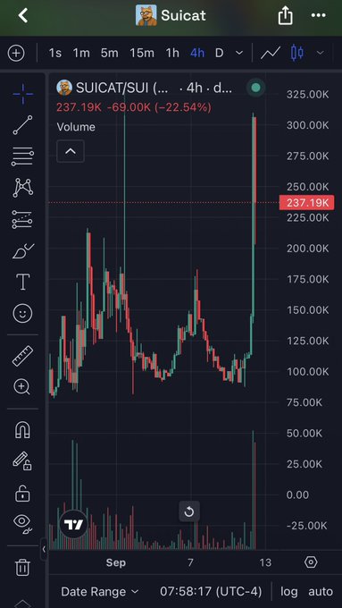 A TradingView chart of the SUICAT/SUI token showing a 4-hour candlestick price movement with volume bars, currently priced at 237.19K, down 22.54%.