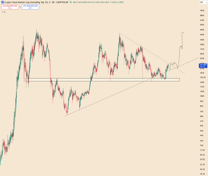 A TradingView candlestick chart titled 'Crypto Total Market Cap Excluding Top 10, 5 - 5D' shows price action with technical analysis lines drawn, indicating a bullish breakout pattern.