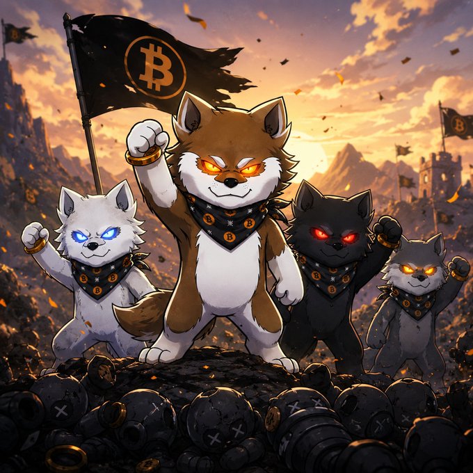 The image features a group of cartoon dogs standing together with their arms raised high above their heads, each wearing a bandana or scarf around their necks. The background shows mountains under a sunset sky, creating an atmosphere of adventure and excitement. The caption for the image reads "Markets change. Circumstances change. One thing doesn't: $LOBO is here to win. No matter the cycle. No matter the noise. We keep building, we keep growing, and we keep moving forward." This message emphasizes the importance of perseverance and determination in the face of challenges or setbacks, which can be applied to various aspects of life beyond just the cartoon dogs' adventures.