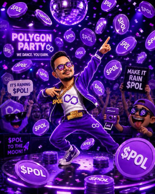 A vibrant purple-themed promotional illustration features a confident man in $POL-branded gear dancing on a disco-lit stage, surrounded by floating $POL coins and characters holding signs like "MAKE IT RAIN $POL," "IT'S RAINING $POL!," and "$POL TO THE MOON!" alongside a "POLYGON PARTY - WE DANCE, YOU EARN" banner.

The image visually reinforces the post's bullish $POL pitch by framing the token as a high-energy, celebratory opportunity — pairing the party/moon imagery with the listed fundamentals (6.49M daily transactions, $87K+ fees, deflationary supply) to suggest significant upside at its modest ~$767M market cap.