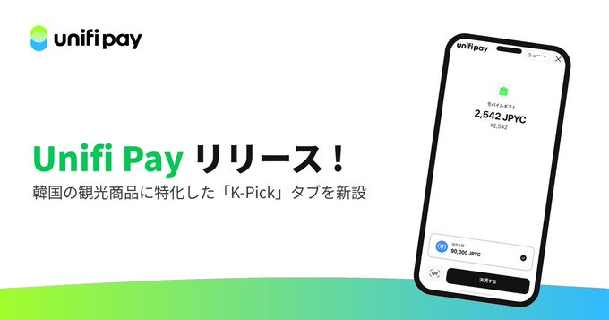 The image is a promotional banner announcing the release of "Unifi Pay" in Japanese, featuring the tagline "Unifi Pay リリース！" (Unifi Pay Release!) and mentioning a new "K-Pick" tab specialized for Korean tourist products. On the right, a smartphone displays the Unifi Pay app interface showing a payment of 2,542 JPYC (¥2,542) with a wallet balance of 90,000 JPYC, illustrating the payment use case enabled by the Japanese yen stablecoin JPYC.