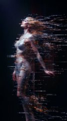 Glitchy digital artwork depicting a woman in motion with horizontal distortion lines overlaying her figure against a black background.