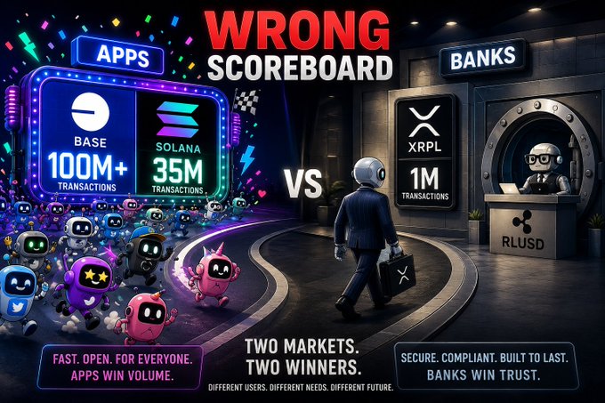 A 'Wrong Scoreboard' comparison graphic contrasting Apps (Base 100M+ transactions, Solana 35M transactions - 'Fast. Open. For Everyone. Apps Win Volume.') vs Banks (XRPL 1M transactions - 'Secure. Compliant. Built to Last. Banks Win Trust').