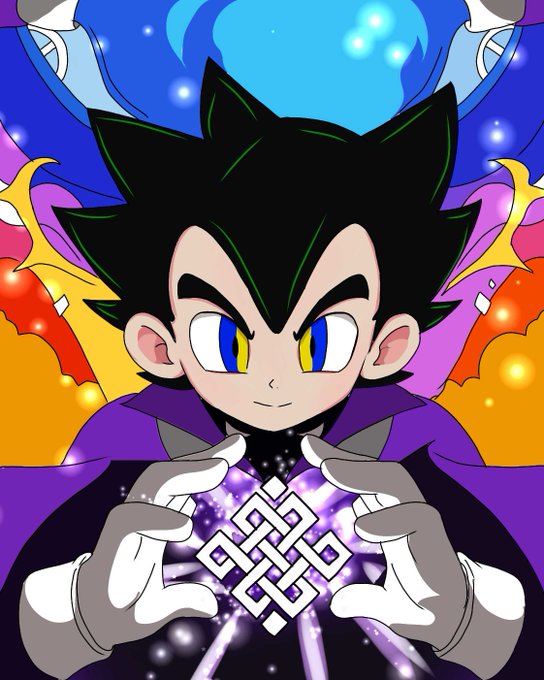 An anime-style illustration of a dark-haired character with heterochromatic eyes holding a glowing mystical knot symbol.