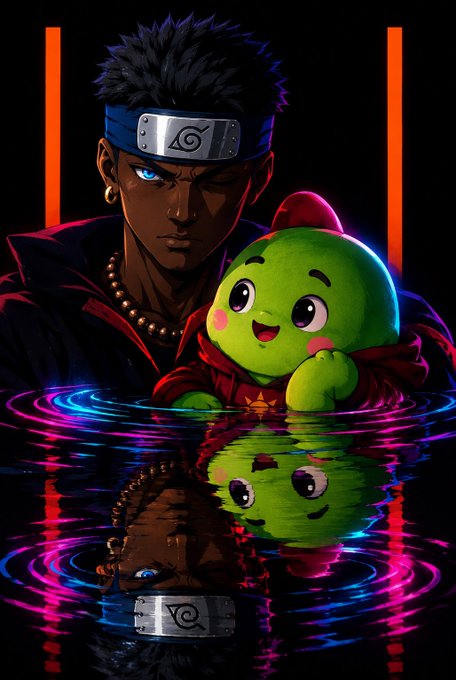 Stylized digital artwork of a dark-haired anime character wearing a Konoha headband, holding a green round creature wearing a red cloak, with their reflections visible in neon-colored rippling water.