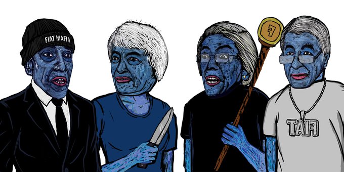 A stylized blue-toned illustration of four older men, one wearing a beanie that says 'FIAT MAFIA', one holding a knife, one holding a staff with a gold 'F' coin, and one wearing a 'TAIR' shirt.