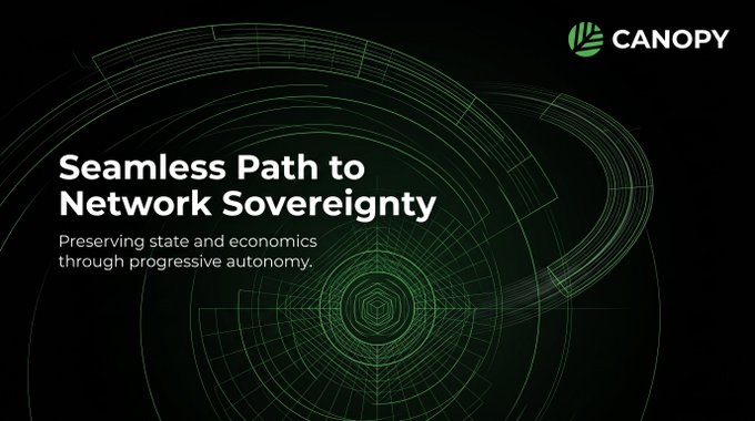 Canopy project banner with the headline 'Seamless Path to Network Sovereignty' and tagline 'Preserving state and economics through progressive autonomy,' displayed over a green wireframe hexagonal design.