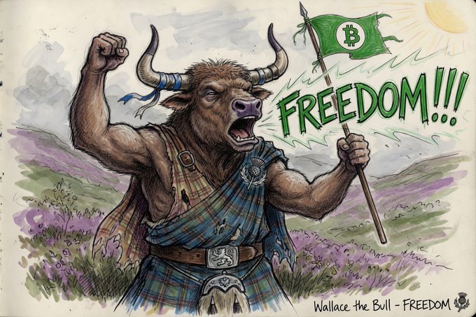 The image features a cartoon illustration of a bull, dressed in traditional Scottish attire, holding a flag that has "Freedom!" written on it. The bull appears to be shouting or roaring with its mouth open, emphasizing the theme of freedom. The background is a field filled with purple flowers and green hills, adding to the overall atmosphere of the scene. The caption at the bottom of the image reads: "Without resistance it ends with complete and utter thought control. Never stop using tools of freedom".