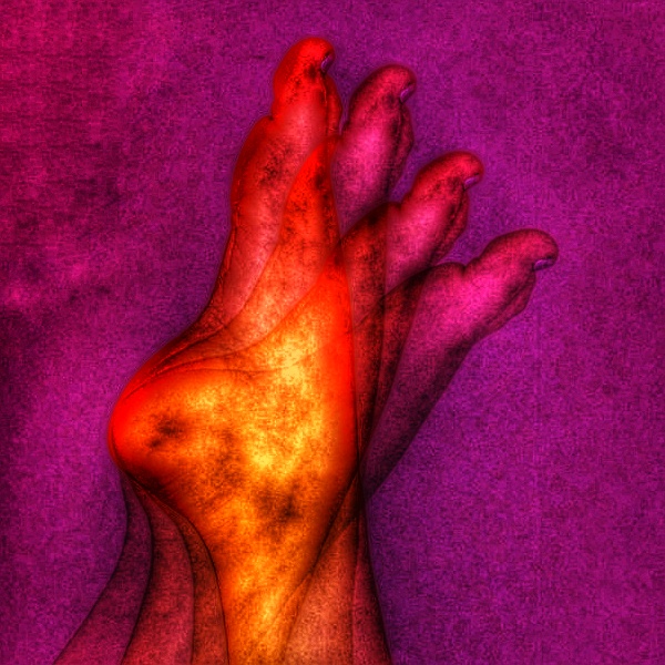 A stylized, textured image of a multi-toed foot against a solid purple background, featuring intense red and yellow-orange glowing colors.