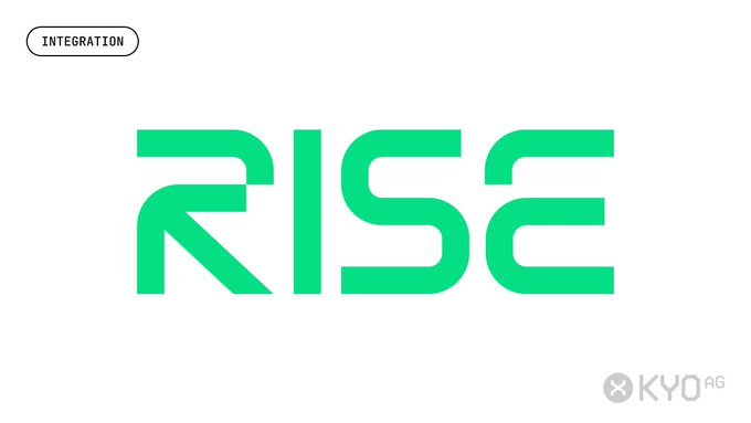 A promotional graphic announcing a new integration, featuring the word "RISE" in large green stylized letters and the "KYO AG" logo in the bottom right corner. An "INTEGRATION" tag appears in the top left, with the post noting that KYO AG will soon be available in the RISE portal.