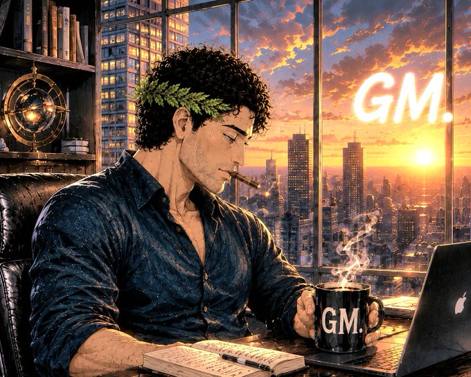 A man with a laurel wreath sits at a desk overlooking a city skyline at sunrise, holding a mug that says "GM." The image directly visualizes the "GM" greeting requested in the post.