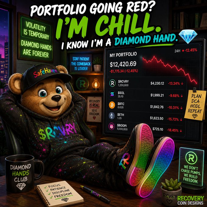Stylized graphic featuring a relaxed bear in $RCVRY apparel with the text 'PORTFOLIO GOING RED? I'M CHILL. I KNOW I'M A DIAMOND HAND,' showing a portfolio down -12.45% ($1,775.34) with holdings in $RCVRY, $SOL, $BTC, $ETH, and $BOOPI.