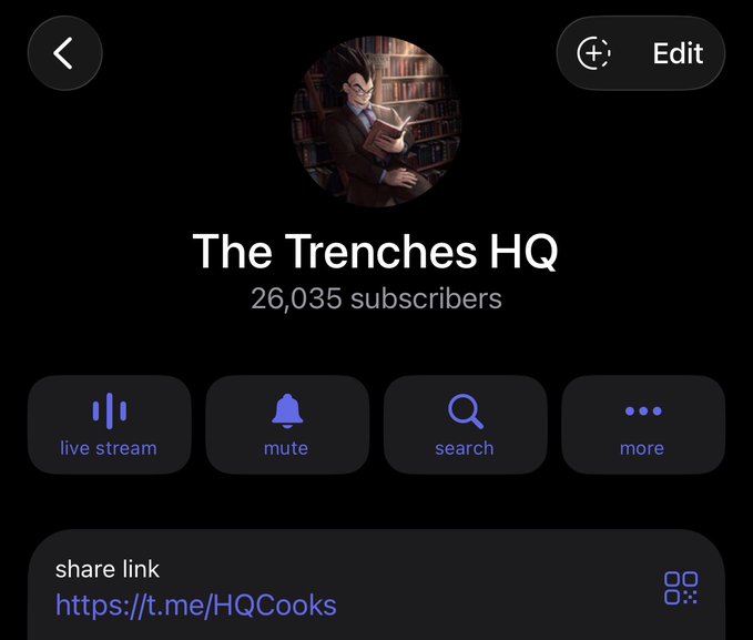 A screenshot of the "The Trenches HQ" Telegram channel profile page showing 26,035 subscribers and a share link (https://t.me/HQCooks), confirming the channel has surpassed the 26,000 member milestone referenced in the post.