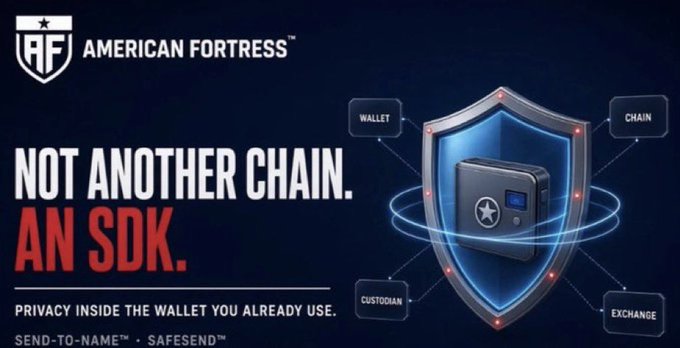 An advertisement for 'AMERICAN FORTRESS' cryptocurrency product with the tagline 'NOT ANOTHER CHAIN. AN SDK.' highlights privacy features connecting wallets, chains, custodians, and exchanges around a shield graphic.