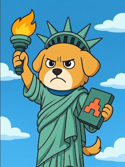 An angry cartoon dog dressed as the Statue of Liberty holds a torch and a book, symbolizing freedom and the torch of liberty being passed to user-owned, on-chain AI—representing ARC's role in shaping the future of decentralized AI against traditional closed systems.