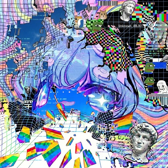 Vaporwave/glitch art collage featuring a distorted anime-style face, classical Roman statues, a cat, Pepe the Frog, a rainbow, grid patterns, and rainbows with digital artifacts.