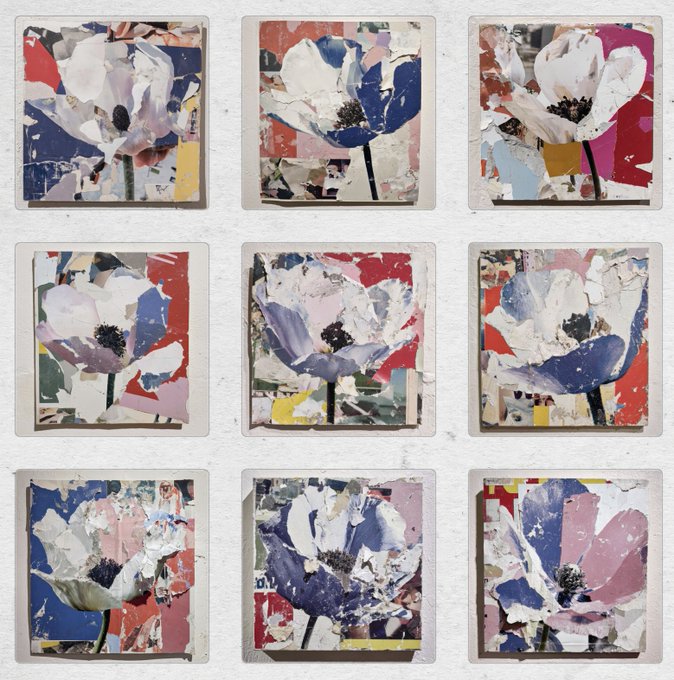 A 3x3 grid of nine square mixed-media paintings, each depicting a stylized white poppy or anemone flower with abstract, collage-like backgrounds in shades of red, blue, pink, yellow, and white.