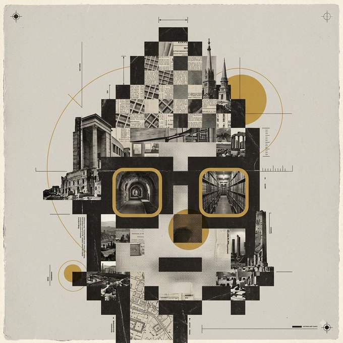 A pixelated, mosaic-style face in black and white is composed of architectural images, maps, and checkerboard patterns, with gold circles and grid lines framing the collage.