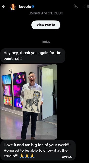 A recipient of a painting from @beeple shows off the artwork in his studio, thanking Beeple for the gift and recognizing his fan status. This image is in direct response to Beeple's kind message "Hey hey, thank you again for the painting!!!" and his compliment "I love it and am big fan of your work!!!".