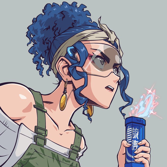 An anime-style illustration with blue curly hair pulled back by a beige headband, wearing round glasses and gold earrings, holding a blue energy drink can with pink/blue flame effects popping off the top; the can appears to have Japanese/Chinese text on it, visually echoing the poster's theme of pushing through fatigue to maintain a daily posting streak.