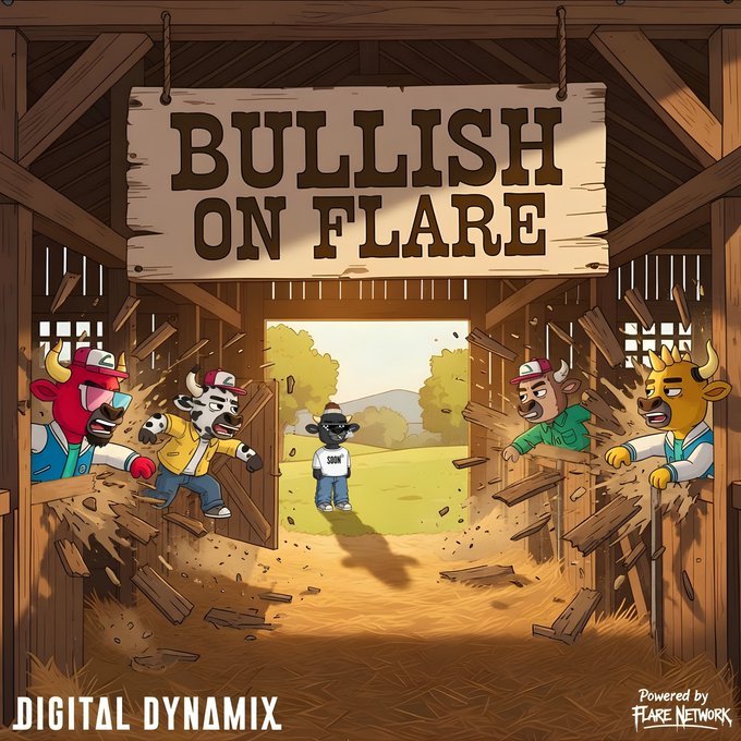 The image features a cartoon scene of five cartoon animals, including cows, bulls, and dogs, standing inside a barn that has been destroyed by a fire. The animals are gathered together, with one cow looking at them from outside the burning barn. A sign is displayed in front of the damaged barn, which reads "Bullish on Flare".