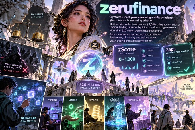 A 'Zerufinance' promotional collage declaring 'Balance is the Old Metric,' introducing zScore and Zaps metrics that evaluate over 320 million wallets based on trading, lending, staking, and governance activity rather than mere holdings.