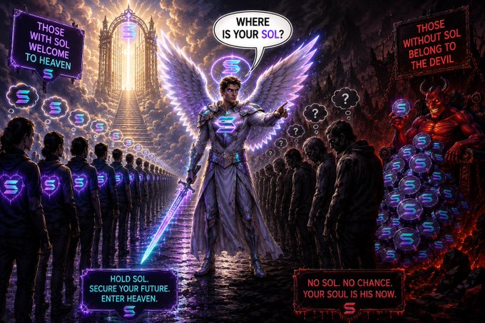 A dramatic fantasy illustration depicting an angel in shining armor with a sword asking 'WHERE IS YOUR SOL?', contrasting heaven ('THOSE WITH SOL WELCOME TO HEAVEN') with hell ('THOSE WITHOUT SOL BELONG TO THE DEVIL').