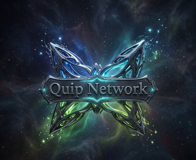 An ornate metallic logo for 'Quip Network' set against a cosmic nebula background, featuring green and blue gemstone-like accents on a butterfly-shaped frame.