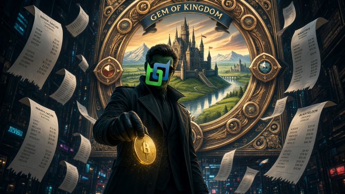 An AI-generated image shows a masked figure holding a gold coin in front of an ornate circular frame labeled 'GEM OF KINGDOM' with a castle and landscape, surrounded by floating receipts with prices.