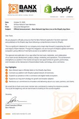 A document from "BankXNetwork" in collaboration with "Shopify" outlines "Banx Network and Shopify Network" as the Shopify App Store is now accepting Banx Network apps, highlighting that financial products can potentially be created by companies outside the traditional banking system, such as those dealing with digital assets like USDC and USDT.