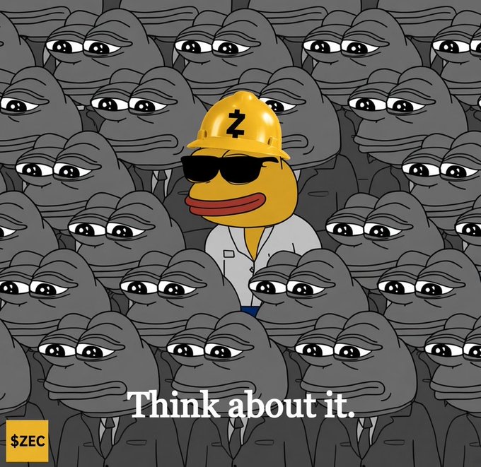 A Pepe the Frog meme featuring a yellow frog wearing a construction hard hat with a 'Z' symbol and sunglasses, surrounded by grey sad Pepe faces, with text reading 'Think about it.' and a '$ZEC' logo in the corner.