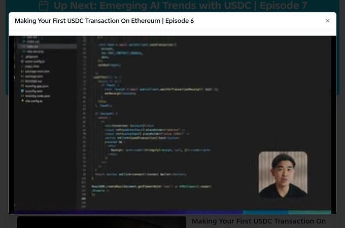 A coding interface displaying Solidity code for a USDC transfer transaction on Ethereum, with a video overlay of an instructor and the title "Making Your First USDC Transaction On Ethereum | Episode 6" shown at the top. The image visually corresponds to the post by illustrating the technical tutorial content of Episode 6 from the Arc programmable class, where users learn to code a USDC transaction.