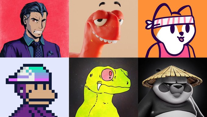 The image is a collage of six distinctive NFT profile pictures, including an animated businessman, a quirky tomato-like creature, a cat-like character with a pink headband, a pixelated duck with a cap, a green dinosaur-like figure, and a panda wearing a straw hat.

The collage illustrates the post's message about recognizable NFT profile pictures serving as a trust signal on X, suggesting that users who display these specific PFPs are likely part of the same NFT community.